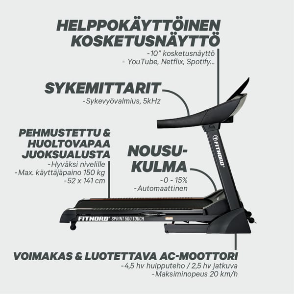 FitNord Sprint 500 Touch Juoksumatto *VOITELUVAPAA* (VUODEN LISÄTAKUU JA SYKEVYÖ KAUPAN PÄÄLLE — arvo 249,80 €)